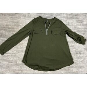 Luckymore‎ Top Womens Large Green Roll Tabl Long Sleeve 1/4 Zip Polyester Blend